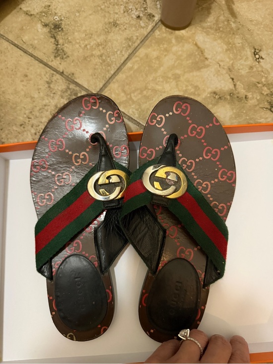 Gucci Shoes - Gucci Brown GG Monogram Flip Sandals with Green and Red Webbing